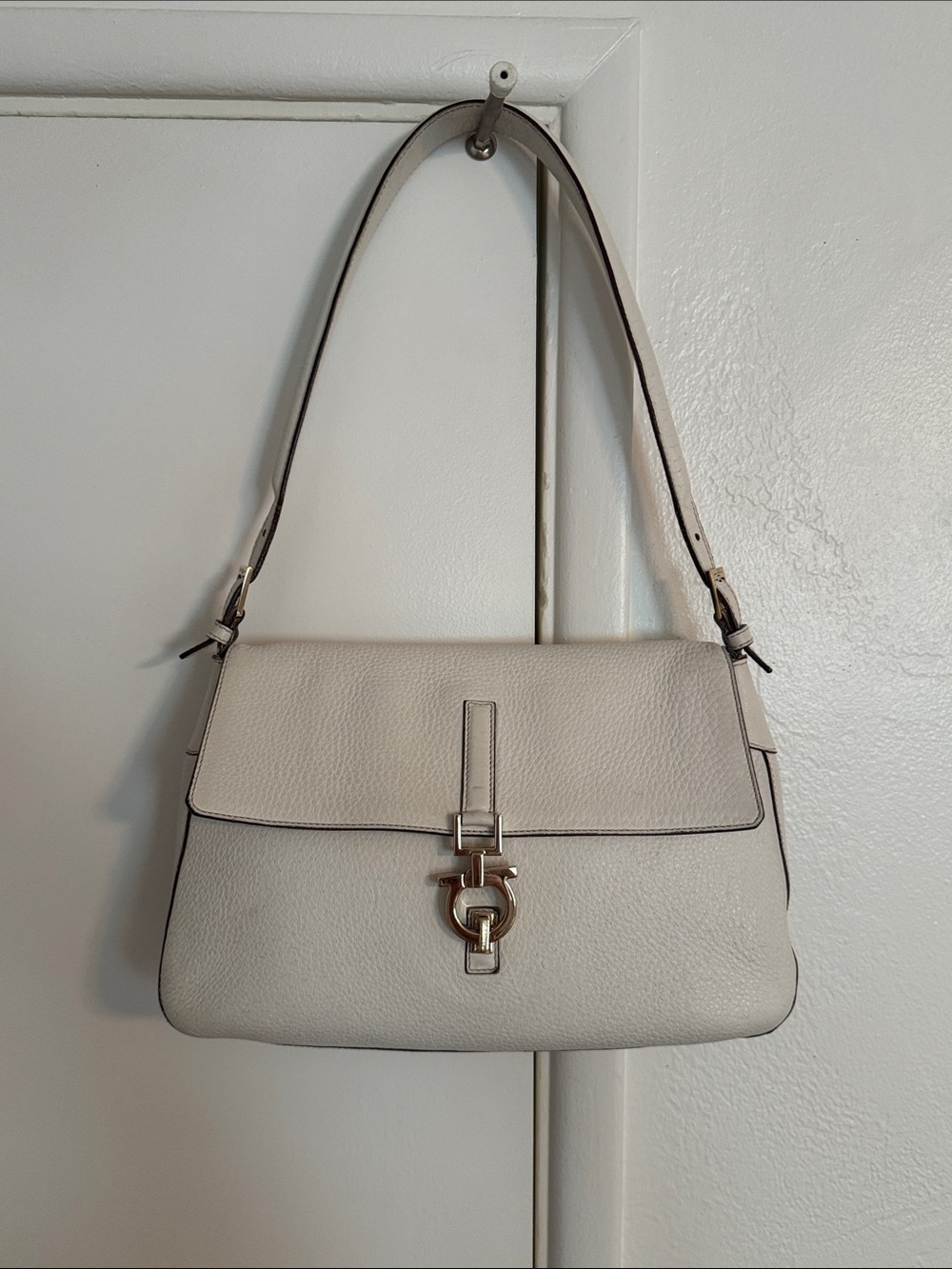 Salvatore Ferragamo Cream Leather Shoulder Bag with Gold Hardware